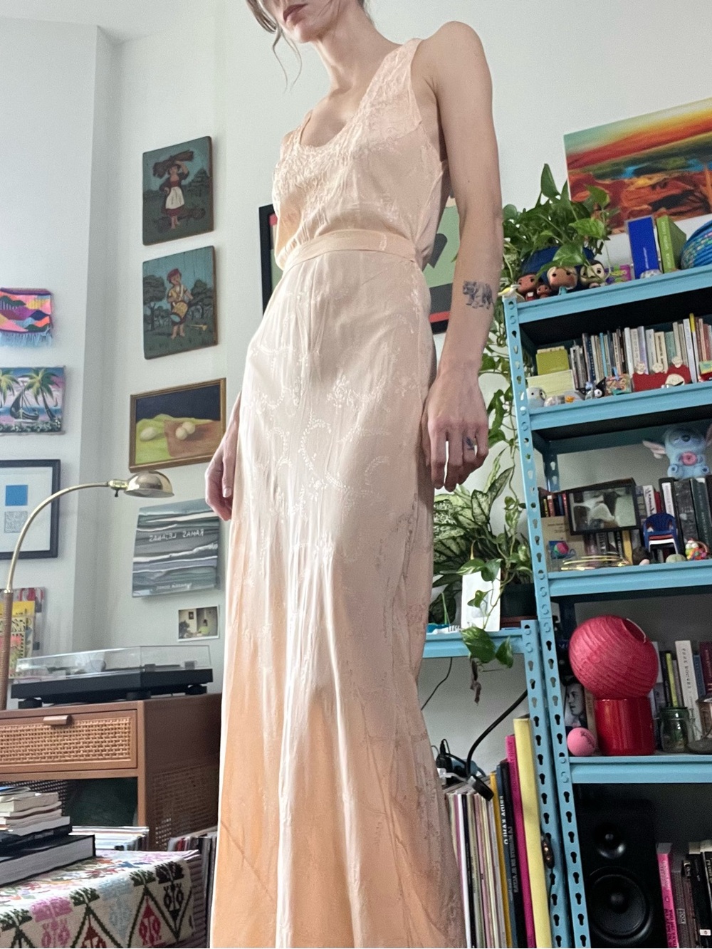 20s Peach Silk Slip Dress with Embroidered Pattern